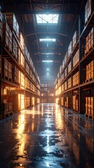 Poster - A Steampunk Inspired Warehouse with Stacked Crates and Harsh Fluorescent Light