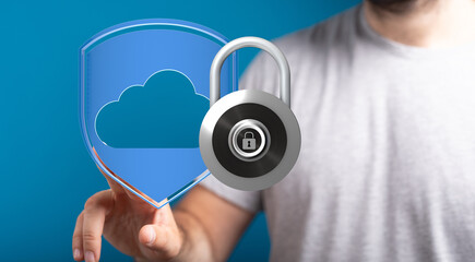 Poster - Image of a digital shield and padlock symbolizing secure cloud data and online protection.