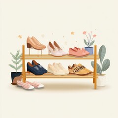 Poster - A variety of shoes displayed on a wooden shoe rack.