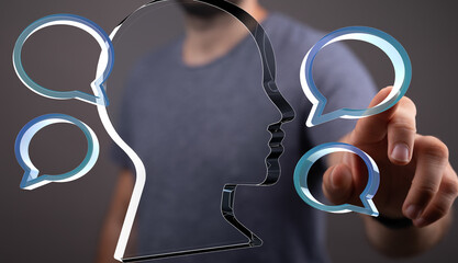 Poster - Abstract image of a person interacting with translucent speech bubbles, representing communication and networking.