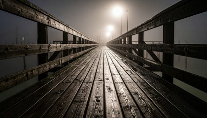 Poster - Mysterious Foggy Dock with Wet Wood Planks and Soft Spotlight Glow