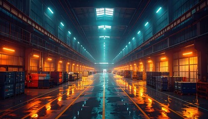 Poster - Neon Reflections in Drenched Warehouse Interior During Storm