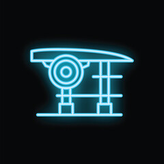 Poster - Blue neon icon of a bus stop with a roof on a black background