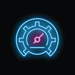 Poster - Neon sign of pressure gauge with arrow in gear icon isolated on black background. Concept of pressure control. Vector illustration