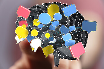 Poster - Abstract 3D illustration of a brain with colorful speech bubbles, symbolizing communication and networking.