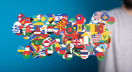 Poster - Diverse flags interconnected, symbolizing global collaboration and international relations.