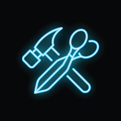 Poster - Neon icon of hammer, chisel, and scissors glowing blue, isolated on a black background