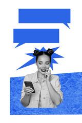 Aufkleber - Poster sketch image artwork 3D photo collage of young lady smile hand hold phone app communication quote letter sticker comment talk