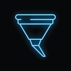 Poster - Blue neon icon of funnel pouring liquid glowing on black background