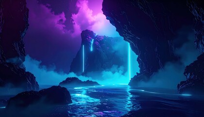 Poster - Midnight Coastal Scene with Submerged Cliffs and Rising Steam Effects