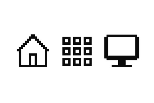 Pixel art icons: house, grid, and monitor in black and white vector icon isolated illustration