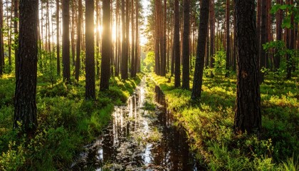 Poster - Serene Trail Through Submerged Forest at Dawn with Soft Light Effects