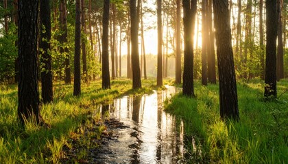 Poster - Serene Dawn Light in Submerged Forest with Gentle Water Ripples