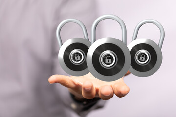 Poster - Image of three padlocks on a hand, symbolizing data protection and online security.