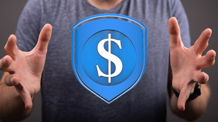 Aufkleber - Image of hands protecting a dollar sign inside a shield.  Financial security, investment protection concept.