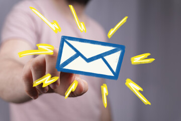 Poster - Hand interacts with email symbol,fast communication, online message, digital correspondence.