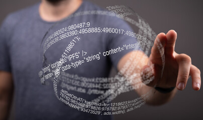 Aufkleber - A person interacts with a digital sphere of code, representing data and programming concepts.
