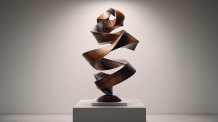Fototapete - Modern spiral metal artwork exhibition piece displayed on a white pedestal