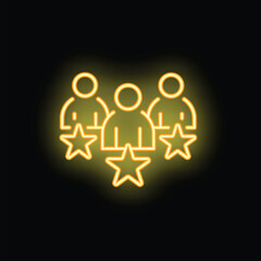 Poster - Yellow neon icon representing the concept of customer review with three people standing with stars