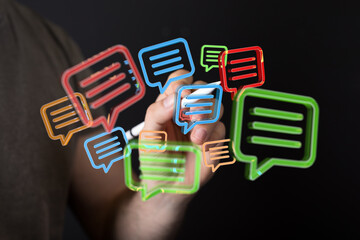 Poster - Abstract image of hand drawing colorful chat bubbles, representing communication and social media.