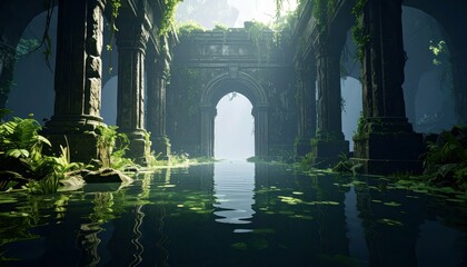 Poster - Submerged Ruins Surrounded by Overgrown Vegetation in Diffuse Light