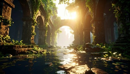 Poster - Serene Sunlight Over Submerged Ruins in Overgrown Landscape