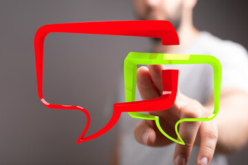 Poster - Abstract image of a person interacting with speech bubbles, representing communication and connection.
