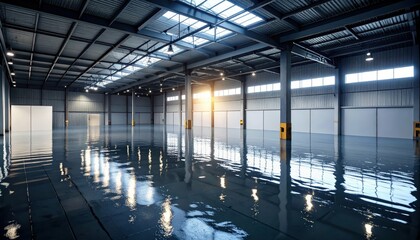 Poster - Submerged Warehouse Interior with Soaked Floor and Flashing Light