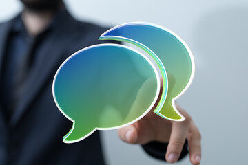 Poster - Abstract image of a businessman interacting with digital speech bubbles, symbolizing communication and networking.