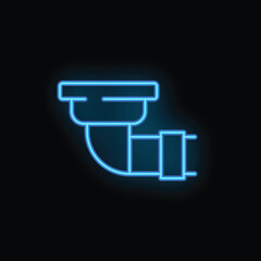 Poster - Glowing blue neon sign icon of a pipe system with a flange, illuminating the dark background