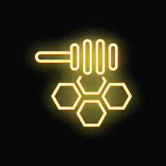 Poster - Yellow glowing neon icon of a honey dipper dripping over a honeycomb on a black background