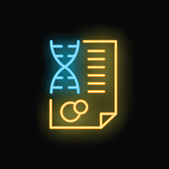 Poster - Glowing neon icon depicting a scientific document with dna helix structure, symbolizing genetic research and analysis