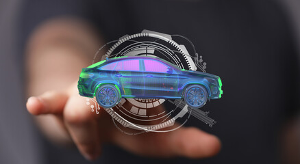 Poster - 3D car model in hand, futuristic technology concept.  Perfect for automotive, innovation, and tech themes.