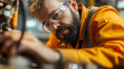 Poster - Skilled worker repairing machinery in a workshop during daylight hours