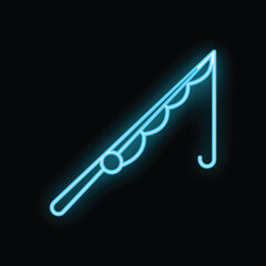 Poster - blue neon sign of a fishing rod glowing on a black background