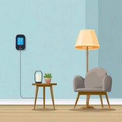 Poster - A cozy room with a modern thermostat and a stylish armchair.