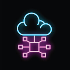 Poster - Neon icon of a cloud computing symbol connecting to network servers with glowing blue and purple lights