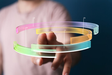 Poster - Person interacting with a 3D circular chart.  Modern data analysis concept.
