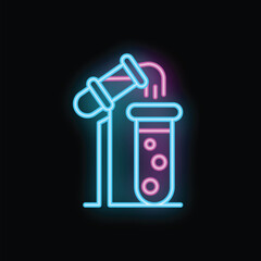 Poster - Neon glowing icon of a chemistry experiment with test tubes pouring liquid
