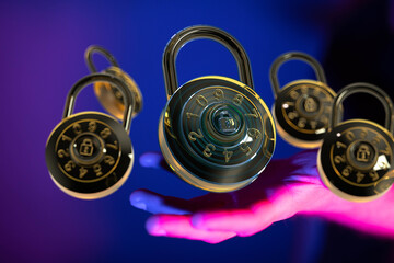 Poster - Image of multiple combination locks hovering above a hand, representing digital security and data protection.