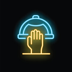 Poster - Bright glowing neon icon of a hand holding a cloche, perfect for restaurant signage or menus