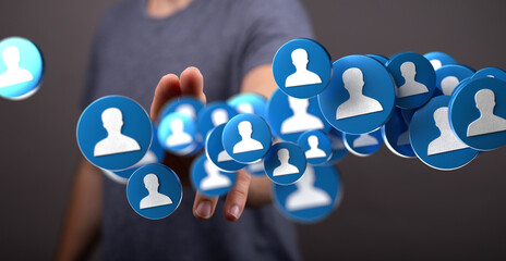 Poster - Hand reaching for blue person icons,social media, networking, connection concept.