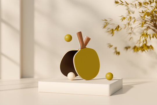 Table tennis paddles and balls set on a white platform in natural light. 3d rendering