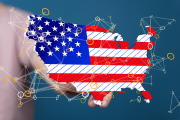 Poster - Stock photo of a 3D US map with network connections overlaid on an American flag design.