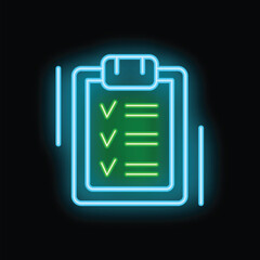 Poster - Neon sign of a clipboard showing completed checklist on black background, concept of task management
