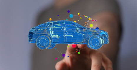 Poster - Innovative car design concept. Digital model with network connections. Future of automotive technology.