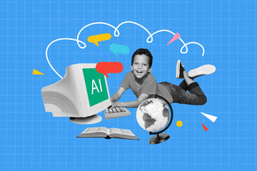 Poster - Creative design composite artwork collage of young boy lying computer keypad globe book pupil academic technology digital lesson back