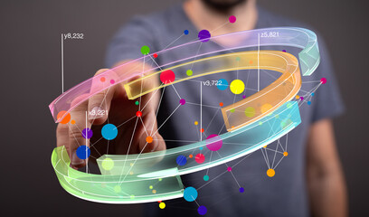 Leinwandbilder - Abstract image of a person interacting with a colorful 3D network graph.  Ideal for technology, data, and connection concepts.