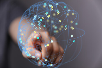 Poster - Abstract image of a hand interacting with a digital network, representing global connectivity and data flow.