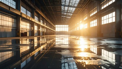 Poster - Sunlit Warehouse Interior with Steel Beams and Oil Puddles at Sunset